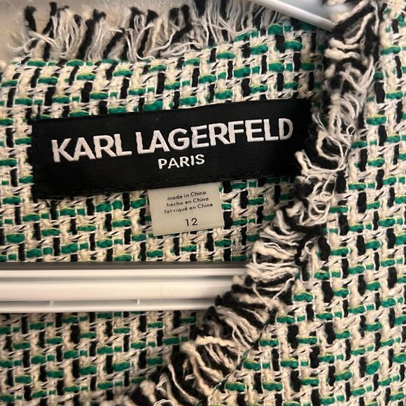 Karl Lagerfeld Green Tweed Fringe Sheath Dress Sz 12 - Picture 7 of 16